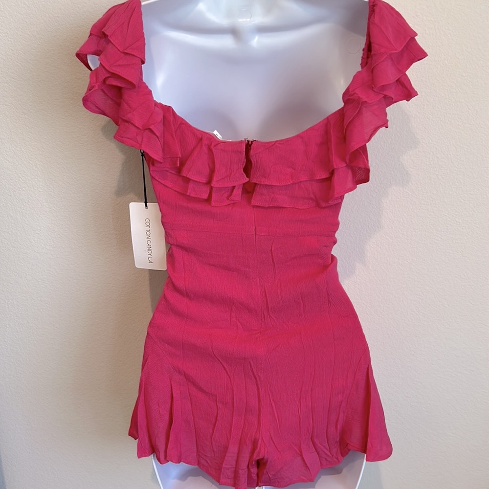 Cotton Candy Off-Shoulder Ruffle Romper in Hot Pink - Picture 6 of 6